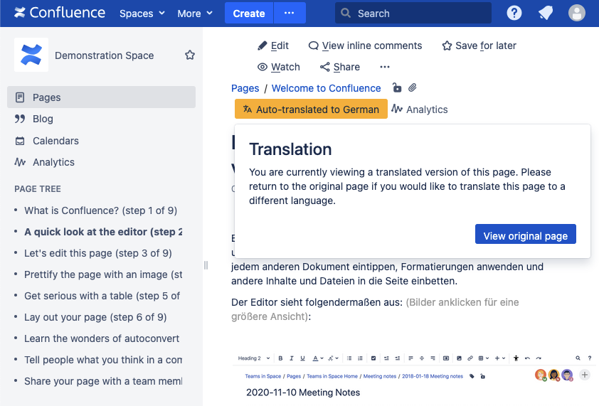 Auto-translated Confluence page with Translator menu open - 'View original page' button is displayed