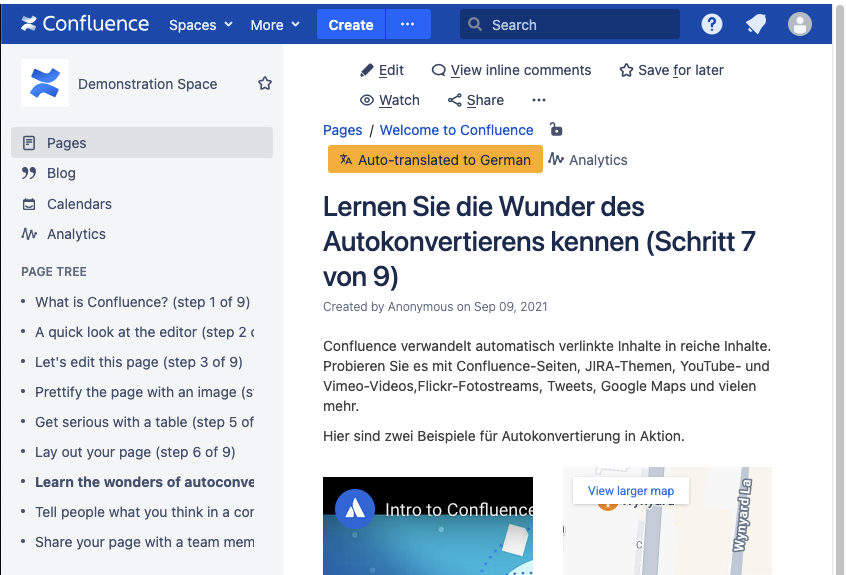 Auto-translated Confluence page with indication in translator button
