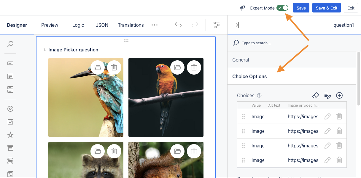 Survey in Edit Mode with Image Picker question. Enabled Export Mode and Choice Options are highlighted as they allow the configuration of the image links.