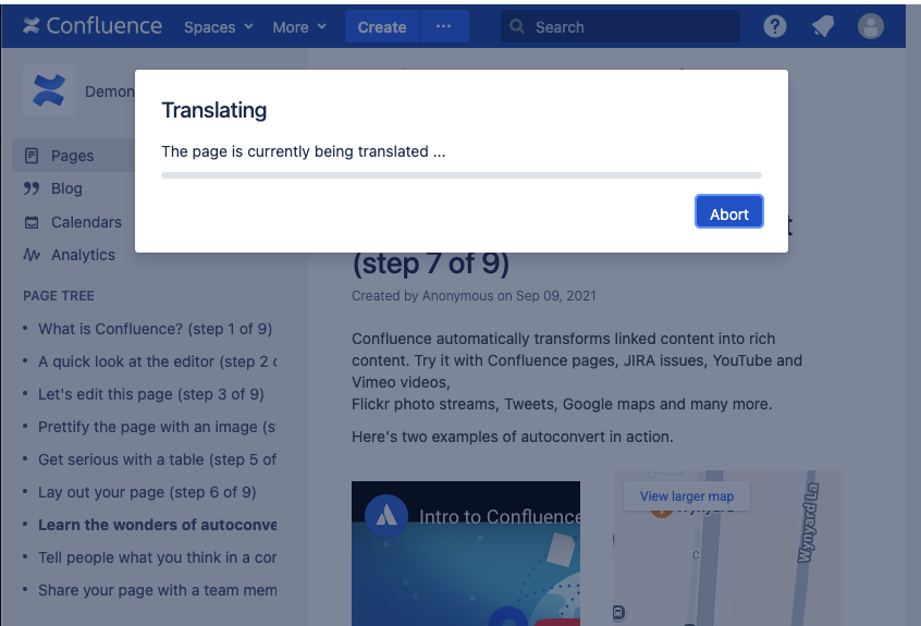 Confluence page currently being translated, with a button to abort the translation