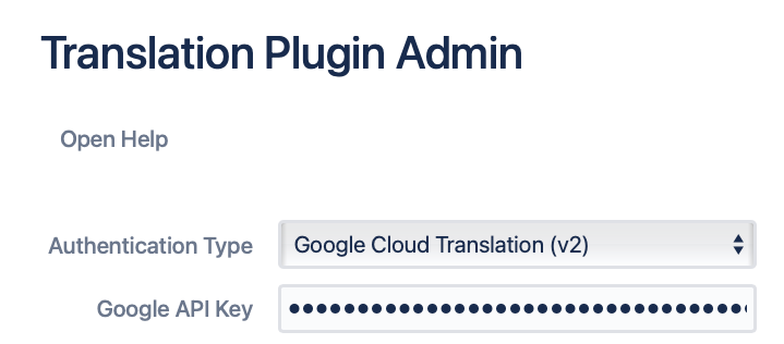 First part of the admin configuration of Next Generation Translator, if Google Translate backend is selected