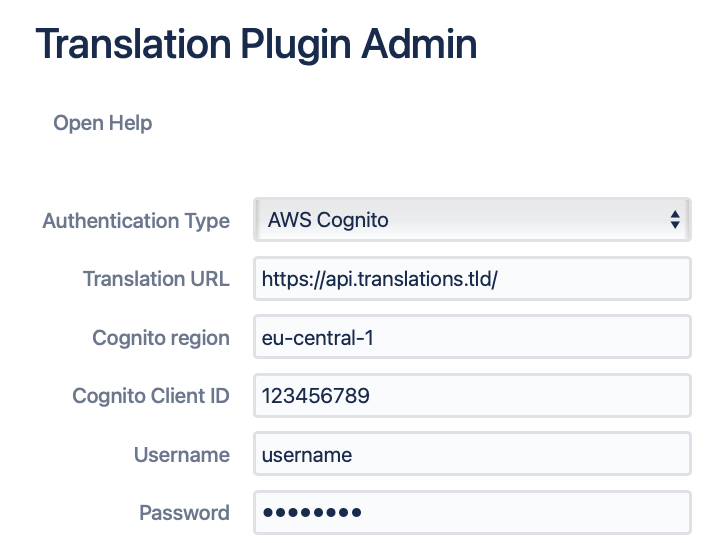 First part of the admin configuration of Next Generation Translator, if AWS Cognito backend is selected