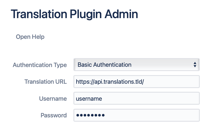 First part of the admin configuration of Next Generation Translator, if Basic Authentication backend is selected