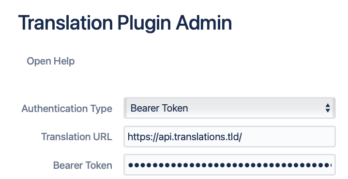 First part of the admin configuration of Next Generation Translator, if Bearer Token backend is selected