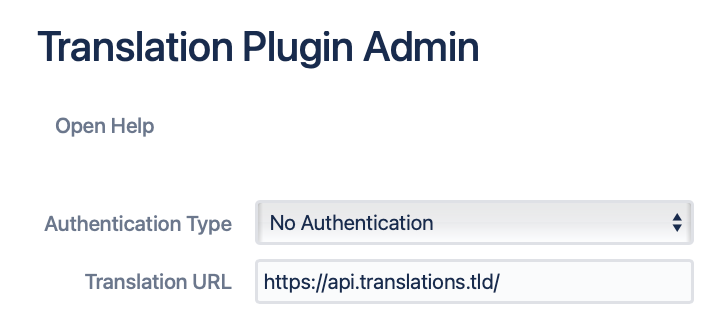 First part of the admin configuration of Next Generation Translator, if No Authentication backend is selected