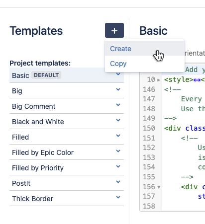 Print Templates section in project configuration. A dropdown is open after clicking the plus button, with the 'Create' option highlighted.