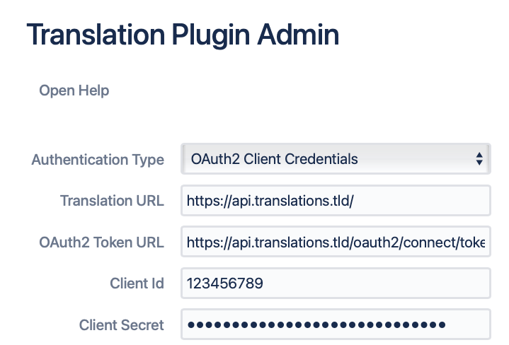 First part of the admin configuration of Next Generation Translator, if OAuth2 Client Credentials backend is selected